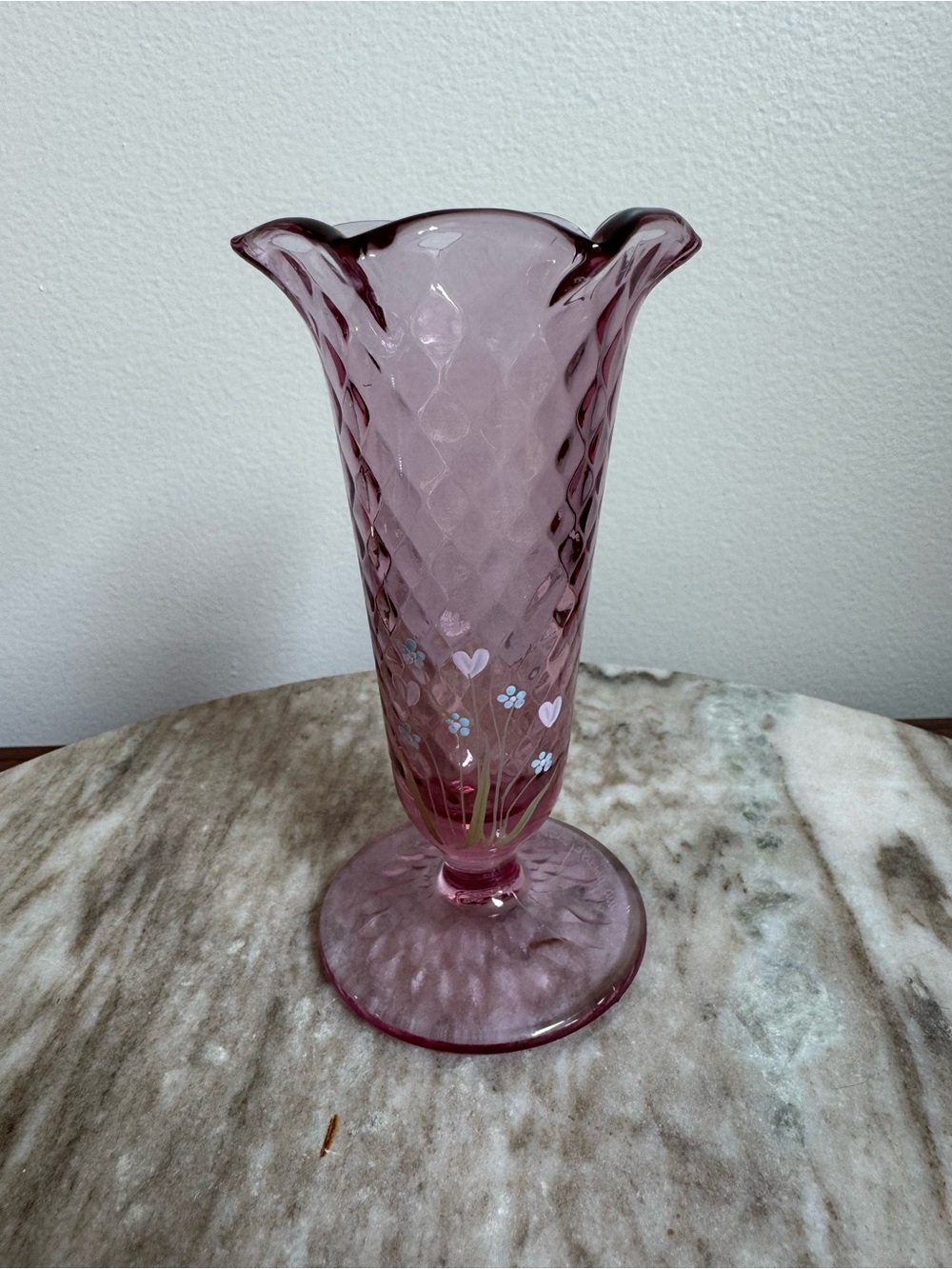 Fenton Hand-Painted & Signed Purple Diamond Pattern Bud Vase